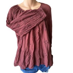 Aerie Maroon Long Sleeve Top with Floral Embroidery and Button Closure Neckline